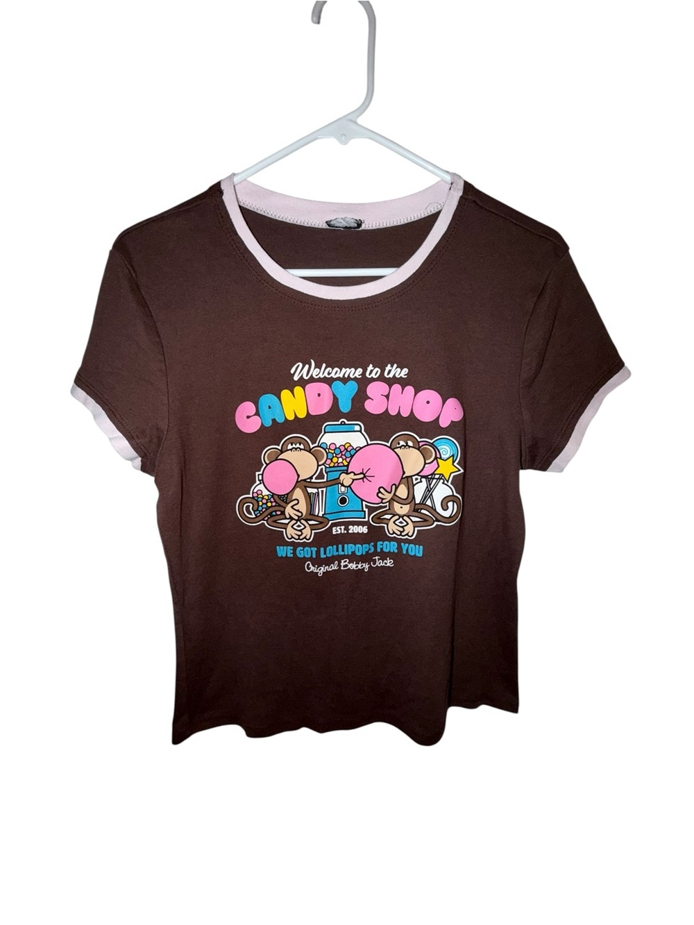 Candy Shop Short Sleeve Ringer Tee - Brown & Pink